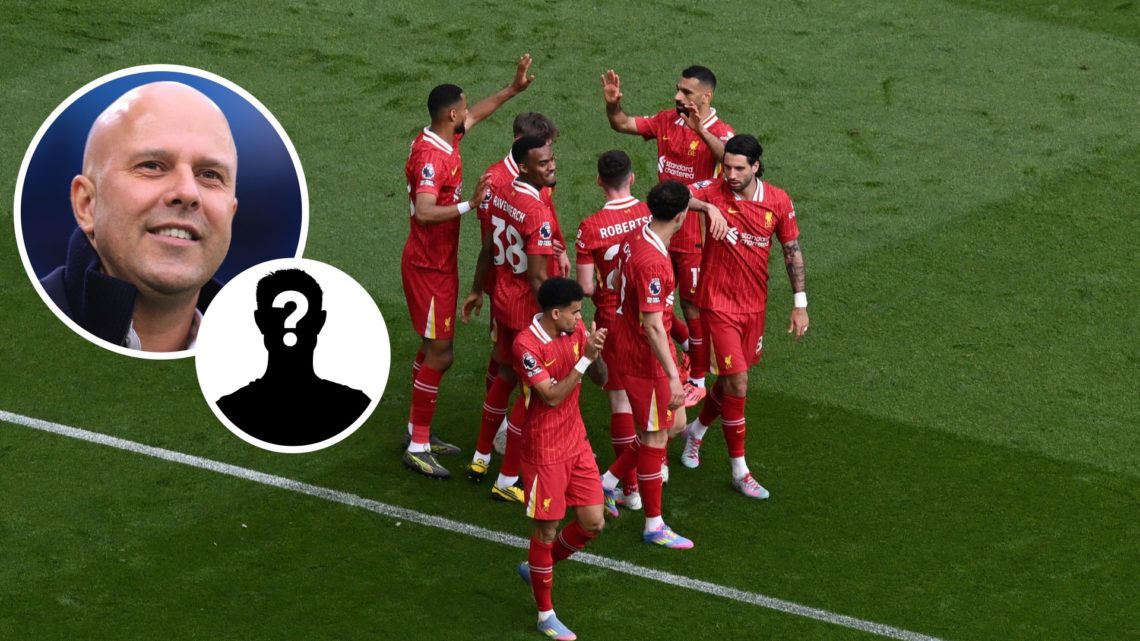 Image of Liverpool players celebrating a goal with Arne Slot and mystery image inset