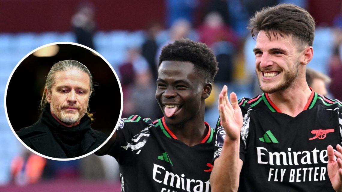 Image of Arsenal stars Declan Rice and Bukayo Saka laughing after a game with an inset of Emmanuel Petit looking down