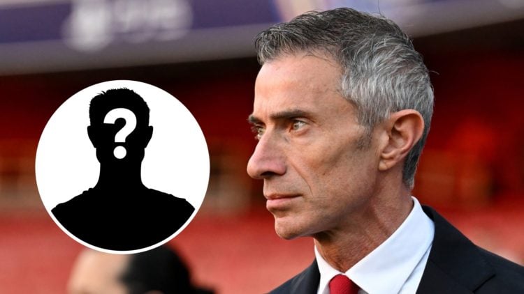 Andrea Berta looks on at Arsenal. Inset, question mark silhouette.