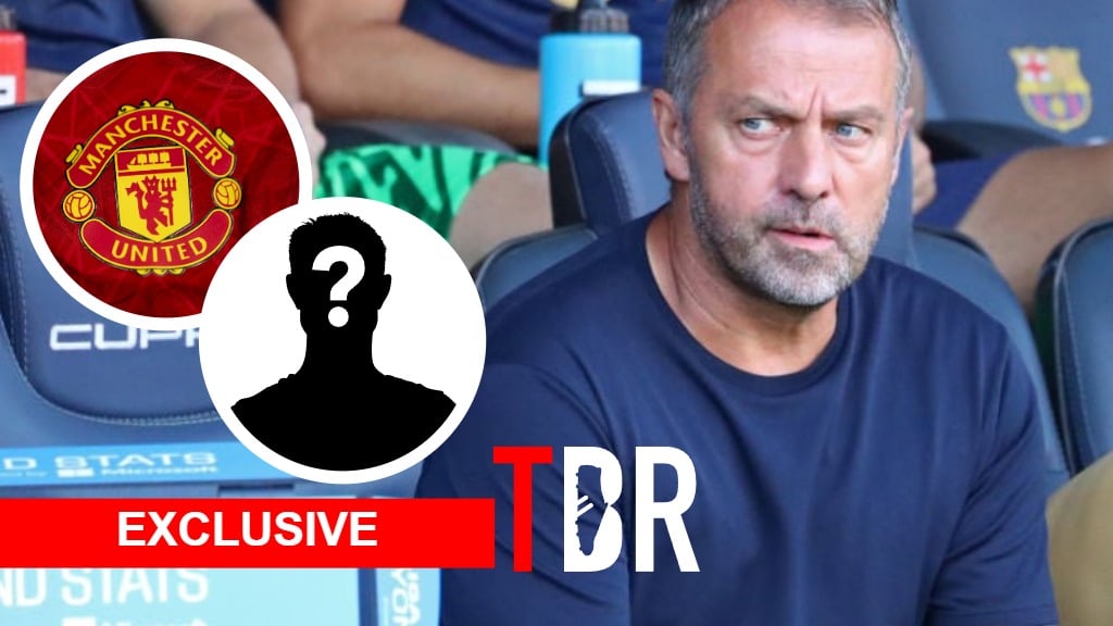 FC Barcelona manager Hansi Flick. Inset of Manchester United badge and mystery player.