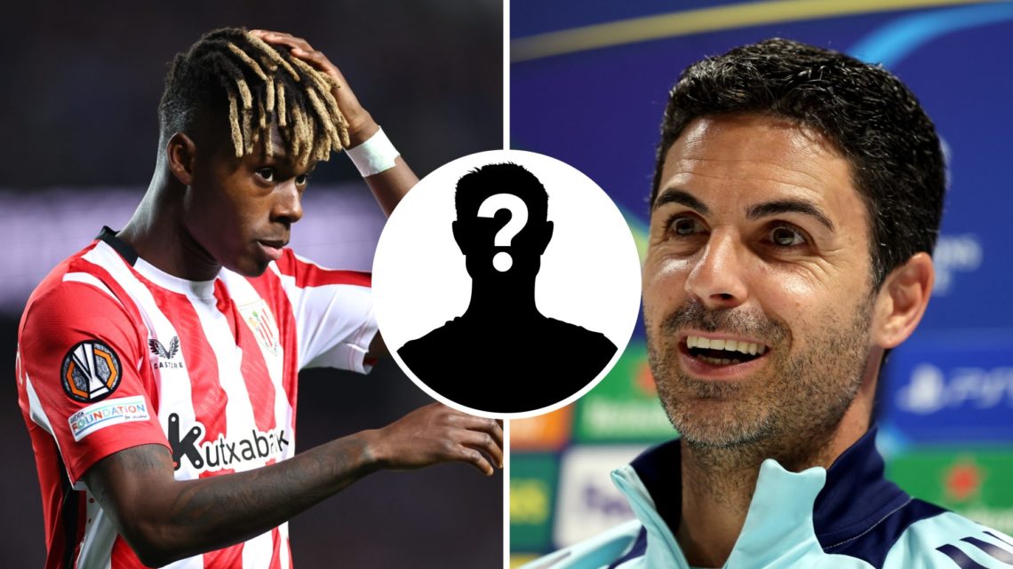 Split image of Athletic Bilbao winger Nico Williams (L) and Arsenal manager Mikel Arteta (R). Inset of mystery player.