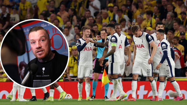 Image of Tottenham players including Cristian Romero celebrating a goal with an inset of Jamie O'Hara speaking