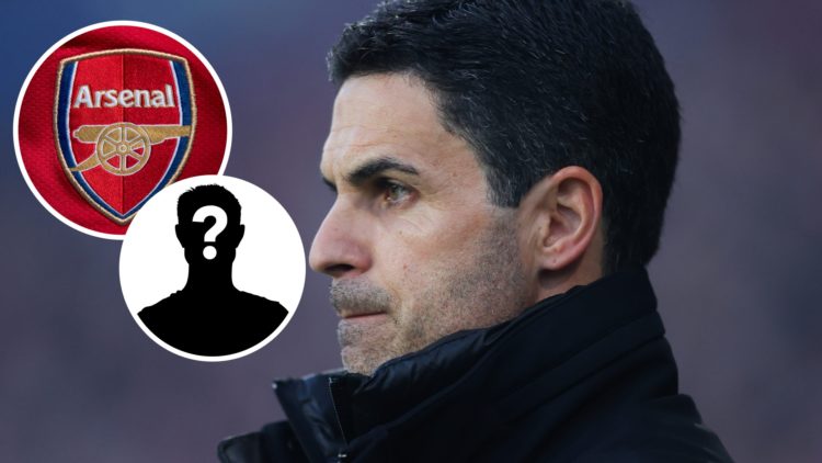 Image of Mikel Arteta with Arsenal badge and mystery figure inset