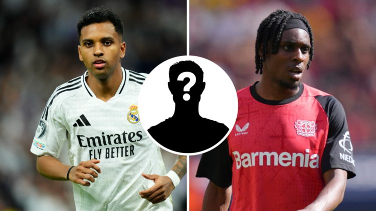 Split image of Rodrygo and Jeremie Frimpong with mystery figure inset