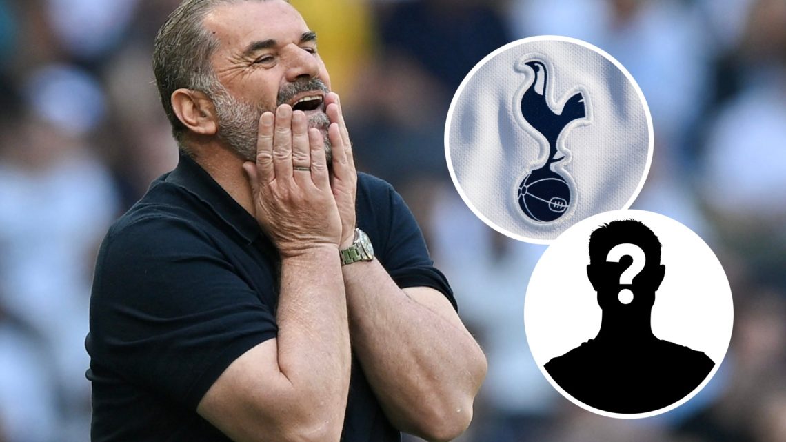Tottenham Hotspur manager Ange Postecoglou. Inset of Tottenham Hotspur badge and mystery player.