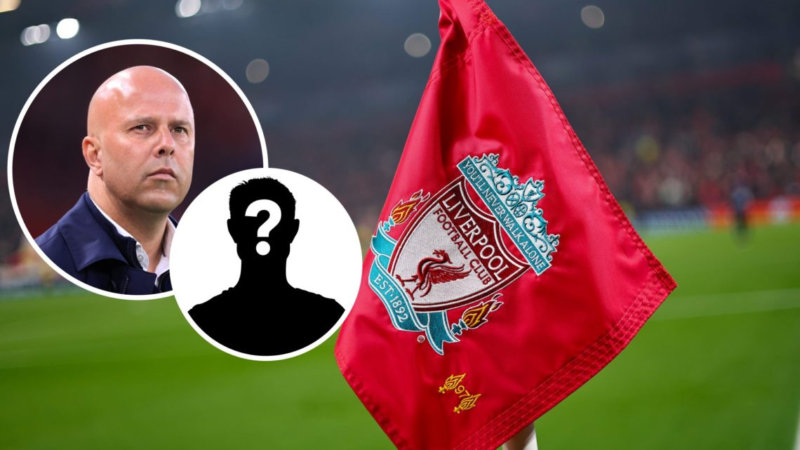 Image of the Liverpool corner flag at Anfield with Arne Slot and mystery figure inset