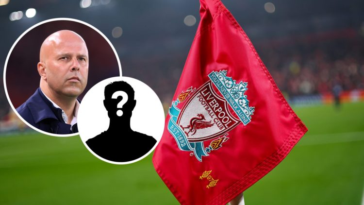 Image of the Liverpool corner flag at Anfield with Arne Slot and mystery figure inset