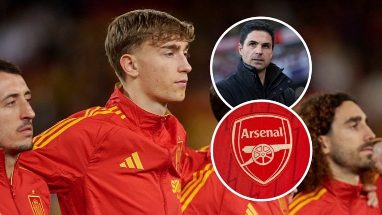 Dean Huijsen with insets of Mikel Arteta and Arsenal badge
