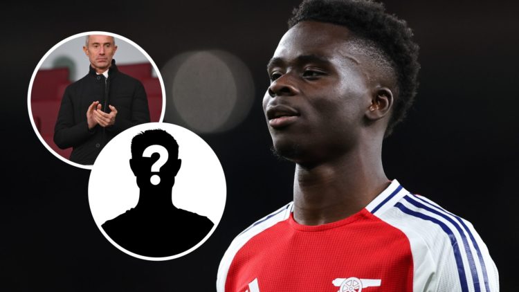 Bukayo Saka with insets of Nicola Berta and mystery silhouette