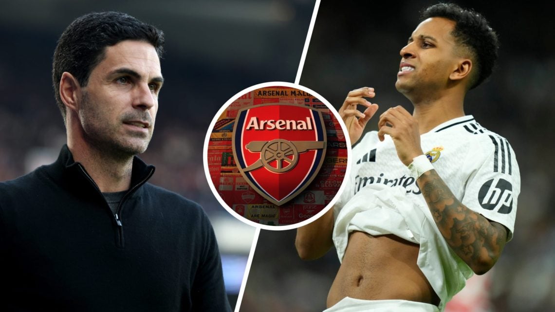 Split image of Arsenal manager Mikel Arteta (L) and Real Madrid forward Rodrygo Goes (R). Inset of Arsenal badge.
