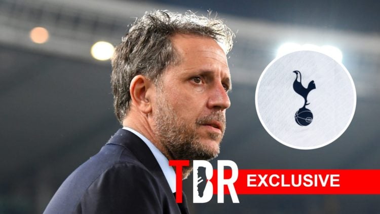 Image of Fabio Paratici looking on with an inset of the Tottenham Hotspur badge, overlain a TBR Exclusive banner