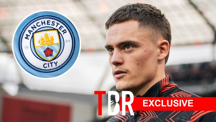 Bayer Leverkusen forward Florian Wirtz. Inset of Manchester City badge.