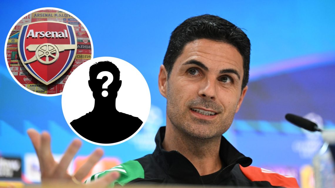 Arsenal manager Mikel Arteta. Inset of Arsenal badge and mystery player.