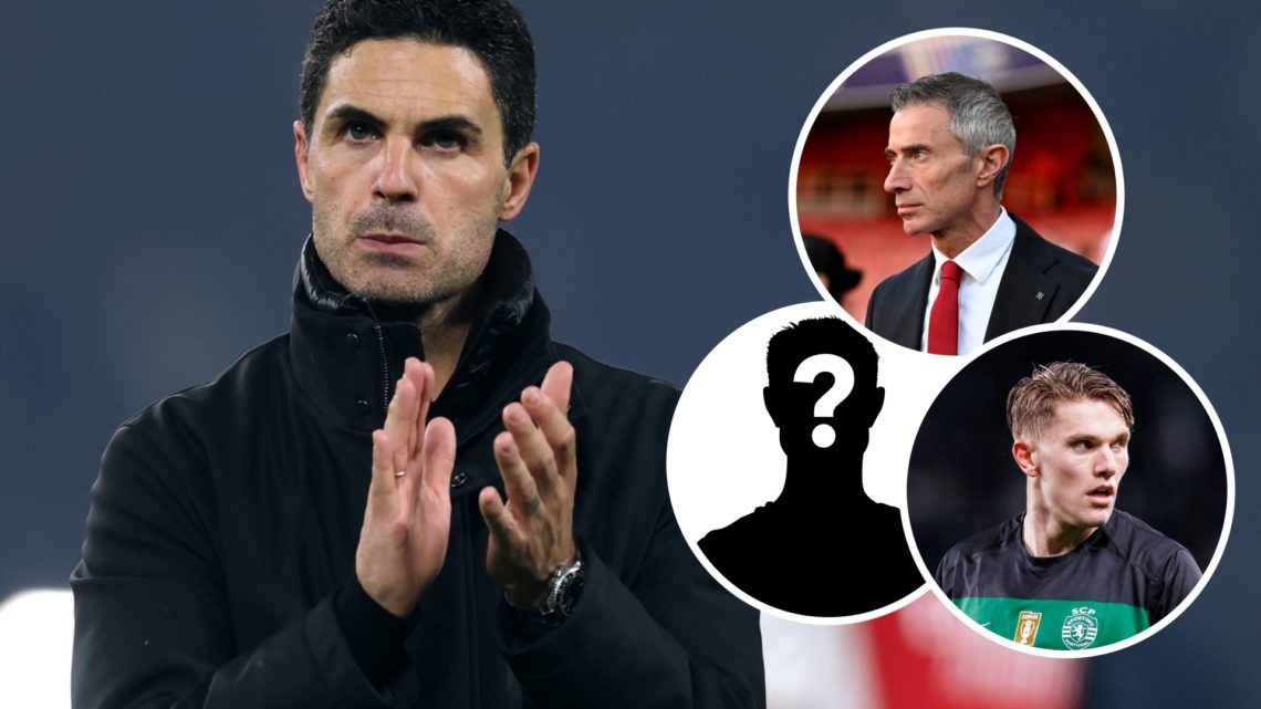 Mikel Arteta applauds Arsenal's fans in France. Inset, Andrea Berta and Viktor Gyokeres.