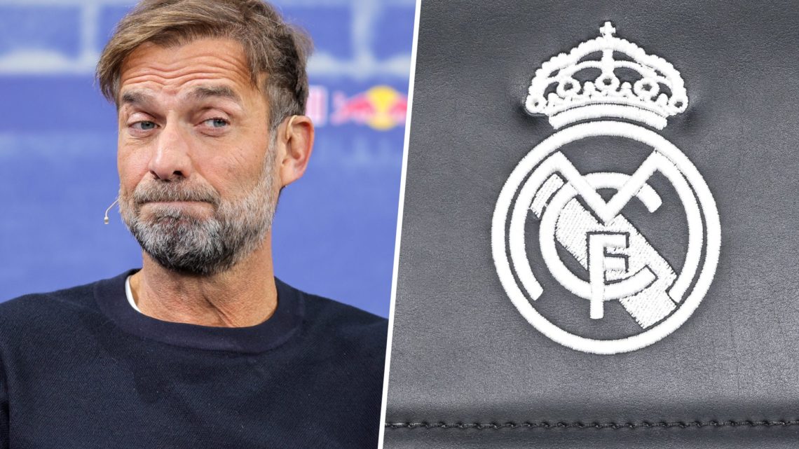Split image of Jurgen Klopp and Real Madrid badge