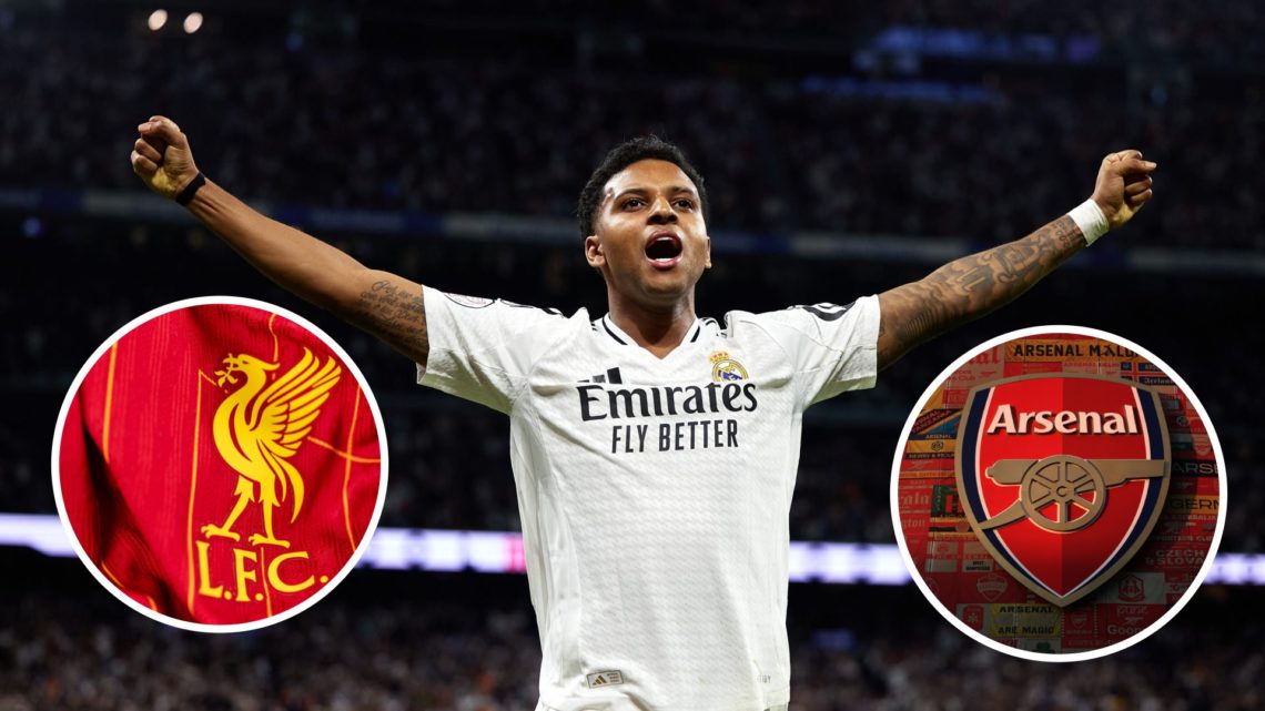 Real Madrid forward Rodrygo Goes. Inset of Arsenal badge and Liverpool badge.