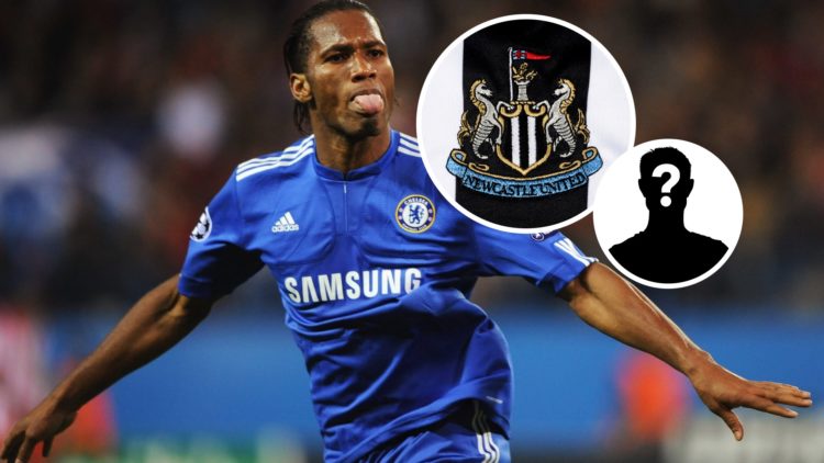 Image of Didier Drogba celebrating a goal for Chelsea with Newcastle badge and mystery figure inset