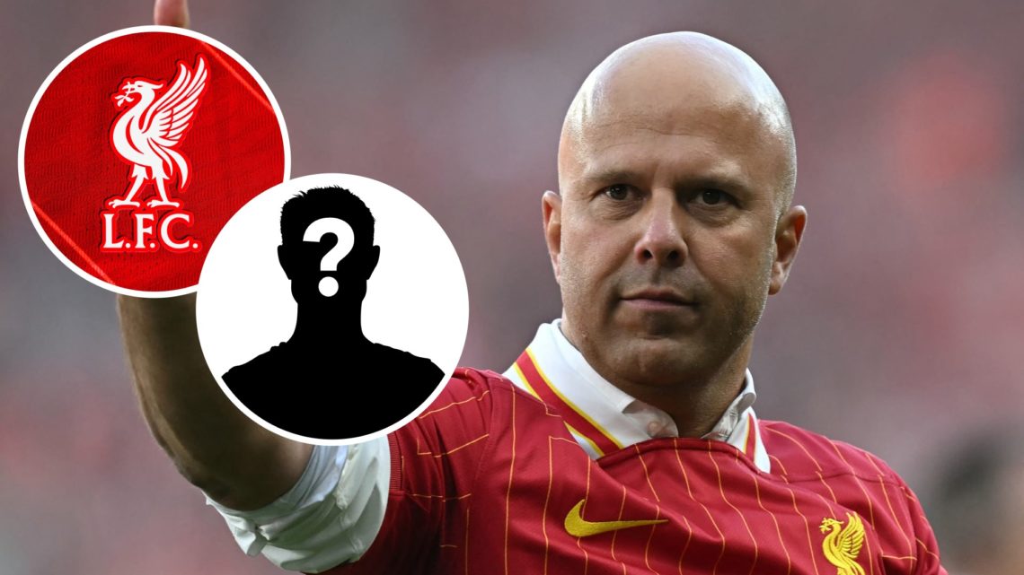 Liverpool manager Arne Slot. Inset of Liverpool badge and mystery player.