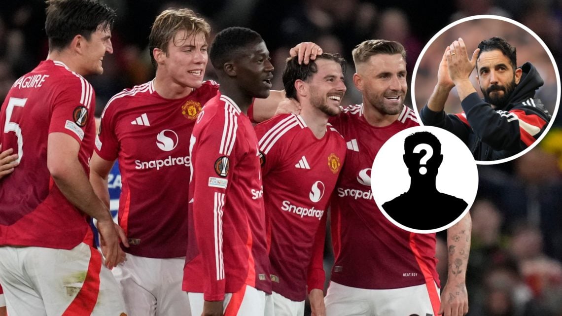Image of Manchester United players celebrating a goal with Ruben Amorim and mystery figure inset