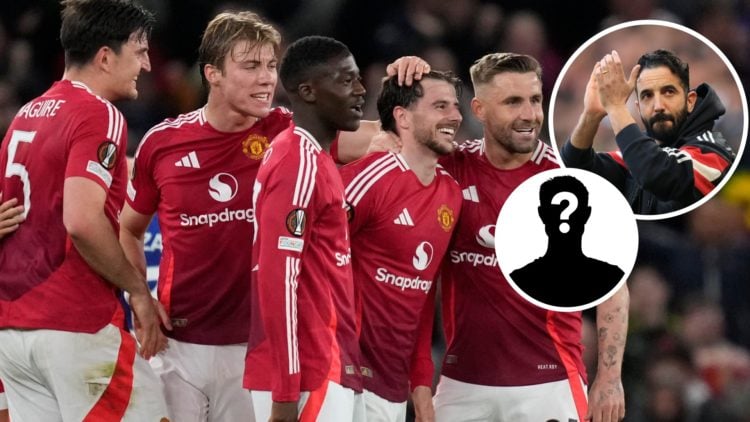 Image of Manchester United players celebrating a goal with Ruben Amorim and mystery figure inset