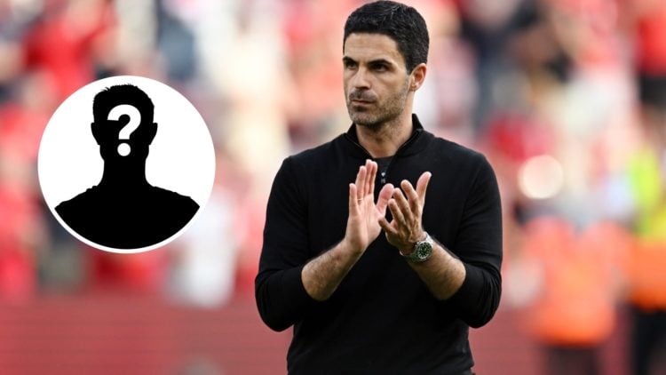 Image of Arsenal manager Mikel Arteta applauding the fans after a game with an inset of a mystery player