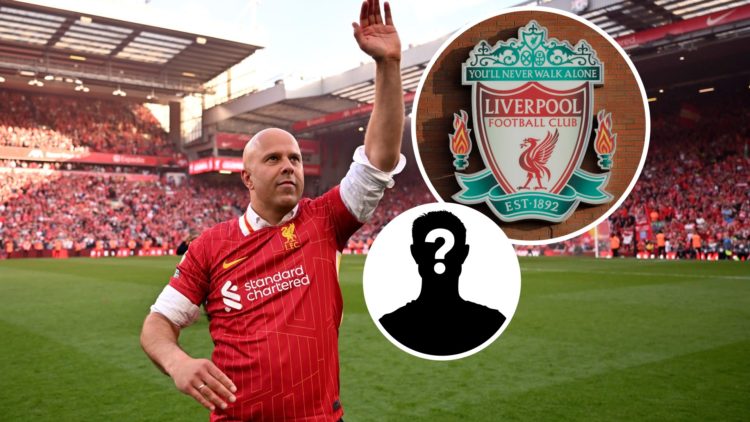 Image of Arne Slot at Anfield with Liverpool badge and mystery figure inset