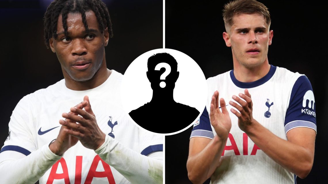 Split image of (L) Destiny Udogie and (R) Micky van de Ven both applauding Tottenham fans with a central inset of a mystery player