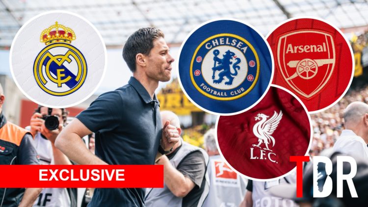 Xabi Alonso with insets of Arsenal, Chelsea, Liverpool and Real Madrid badges