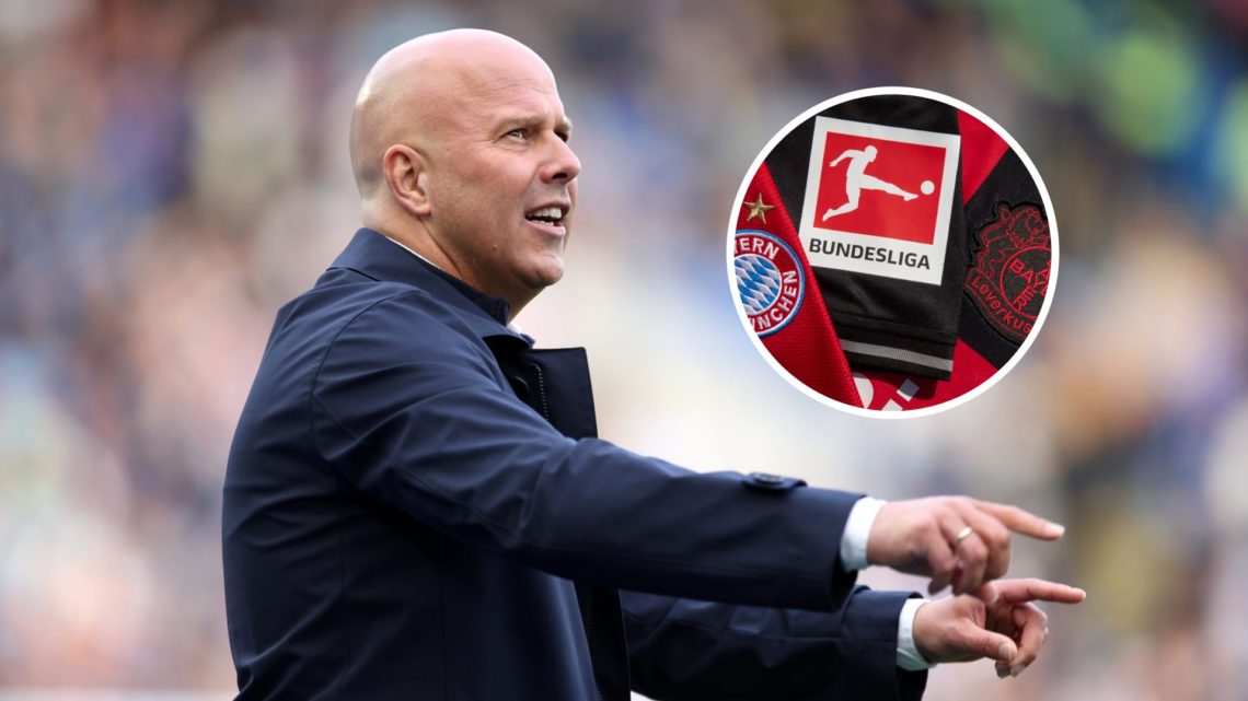 Arne Slot with inset of Bundesliga badges