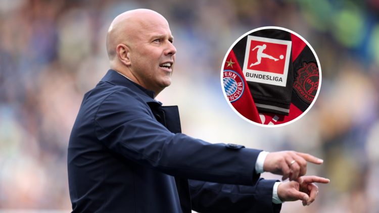 Arne Slot with inset of Bundesliga badges