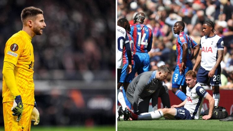 Split imge of (L) Guglielmo Vicario in goal for Tottenham and (R) Dejan Kulusevski receiving treatment in the game against Crystal Palace