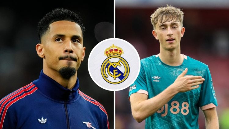 Split image of (L) William Saliba during an Arsenal game and (R) Dean Huijsen while playing for Bournemouth with an inset of the Real Madrid badge