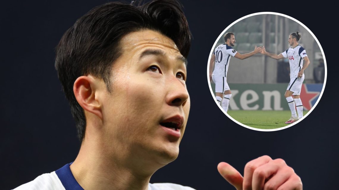 Tottenham Hotspur forward Son Heung-min. Inset of former Tottenham Hotspur players Harry Kane and Gareth Bale.