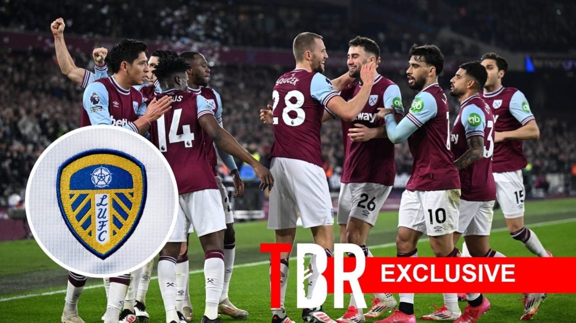 West Ham players celebrate a goal. Inset, Leeds United badge.