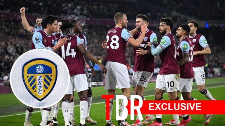 West Ham players celebrate a goal. Inset, Leeds United badge.