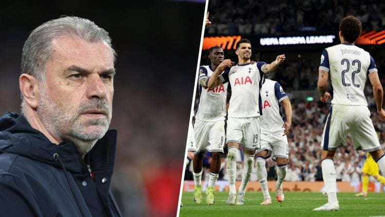 Split image of Tottenham manager Ange Postecoglou and Spurs players celebrating