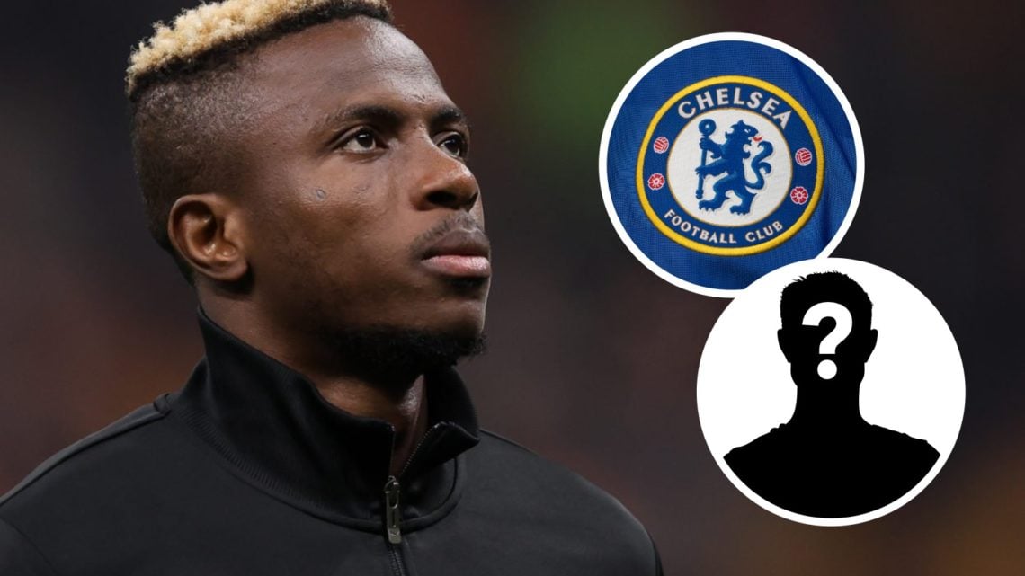 Galatasaray striker Victor Osimhen. Inset of Chelsea badge and mystery player.