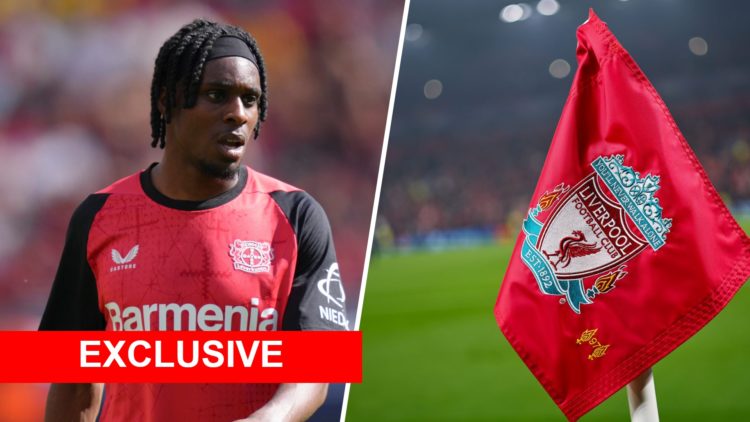 Split image of Jeremie Frimpong and Liverpool corner flag at Anfield