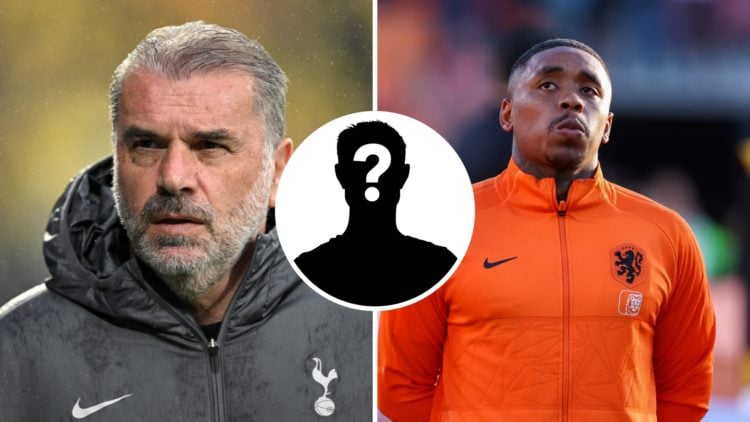 Split image of Tottenham manager Ange Postecoglou and Netherlands winger Steven Bergwijn with mystery inset