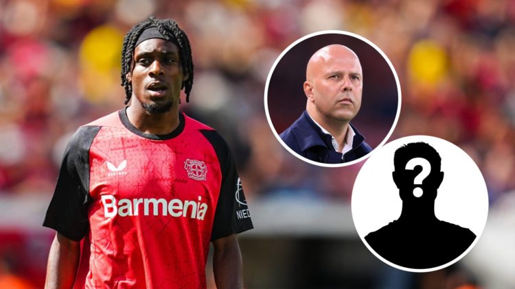 Jeremie Frimpong playing at Bayer Leverkusen, split with Arne Slot during a Liverpool match.