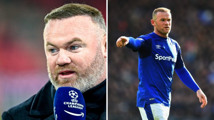 Split image of Wayne Rooney post retirement and Wayne Rooney playing for Everton