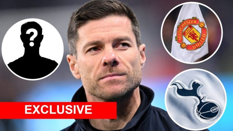 Image of Xabi Alonso with an overlay of Man United corner flag and another overlay of Tottenham badge