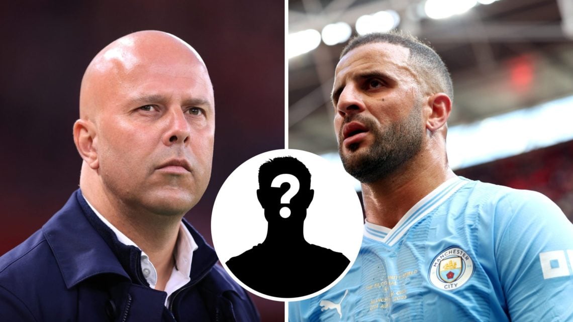 Split image of Liverpool manager Arne Slot and Manchester City icon Kyle Walker with mystery inset