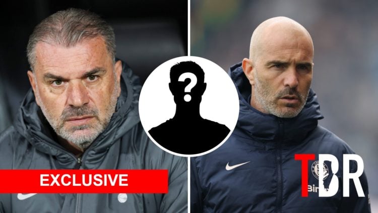Split image of Tottenham manager Ange Postecoglou and Chelsea boss Enzo Maresca with mystery inset, TBR logo and Exclusive banner