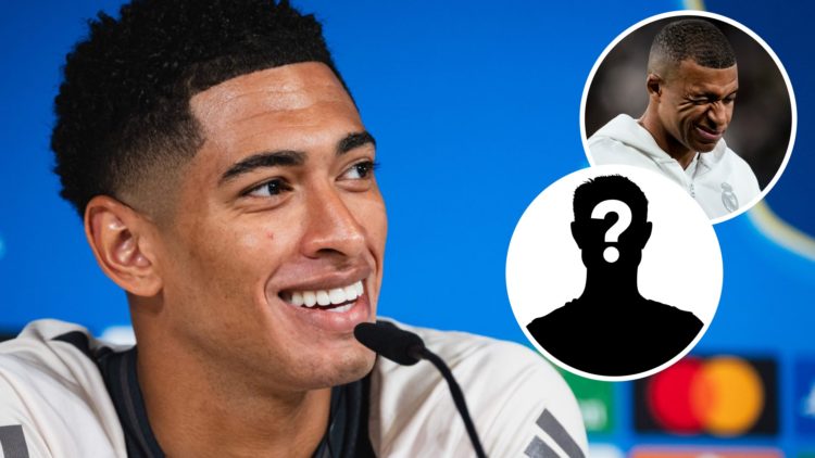 Image of Jude Bellingham smiling in a press conference with insets of Kylian Mbappe winking before a Real Madrid game and a mystery player