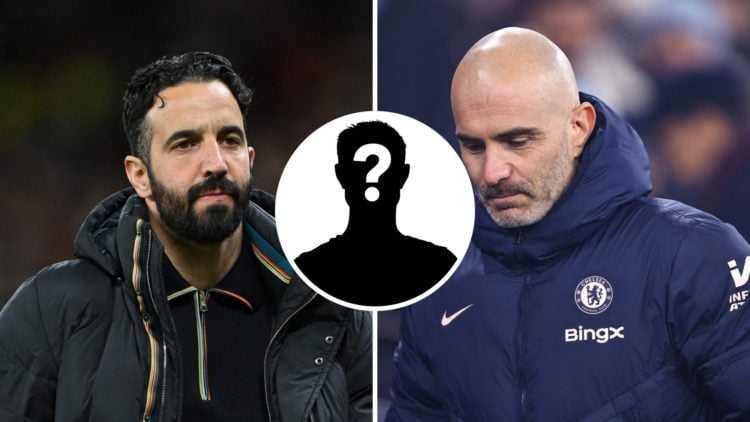 Split image of Manchester United manager Ruben Amorim and Chelsea boss Enzo Maresca with mystery inset