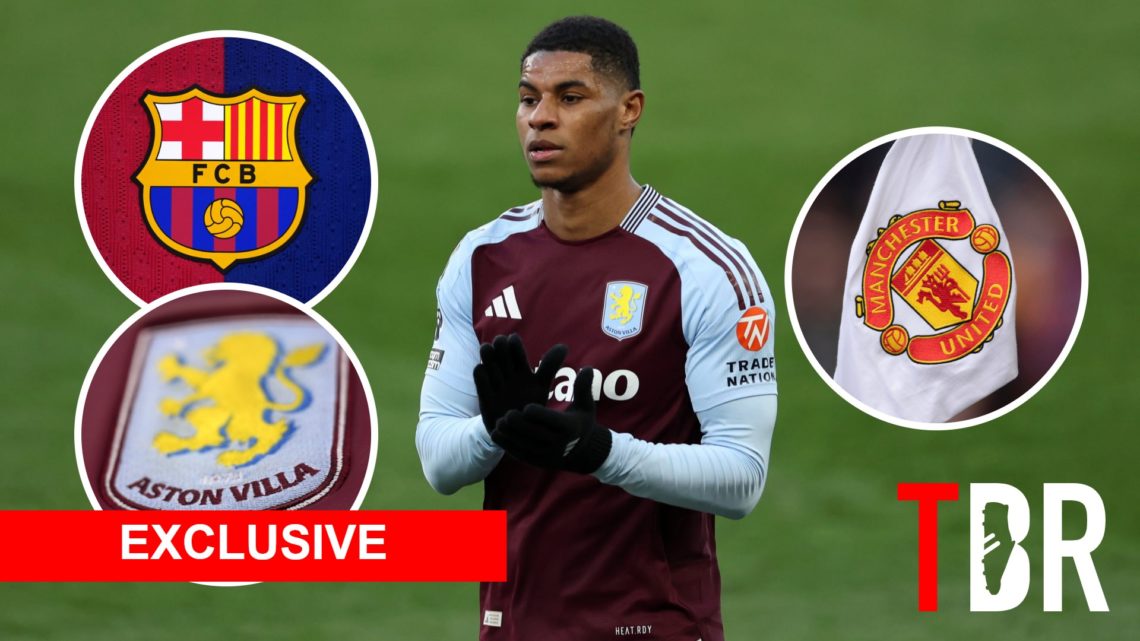 Marcus Rashford with insets of Aston Villa, Barcelona and Manchester United badges