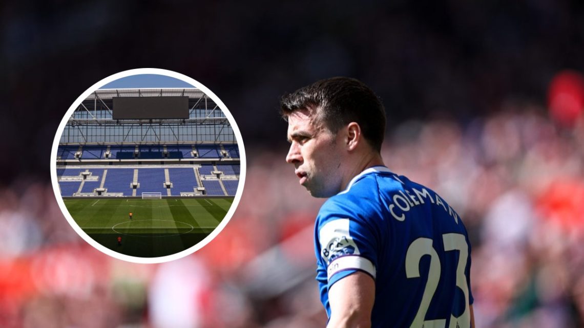 Everton captain Seamus Coleman with inset of Bramley-Moore Dock stadium