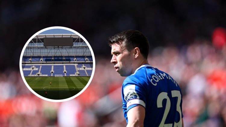 Everton captain Seamus Coleman with inset of Bramley-Moore Dock stadium