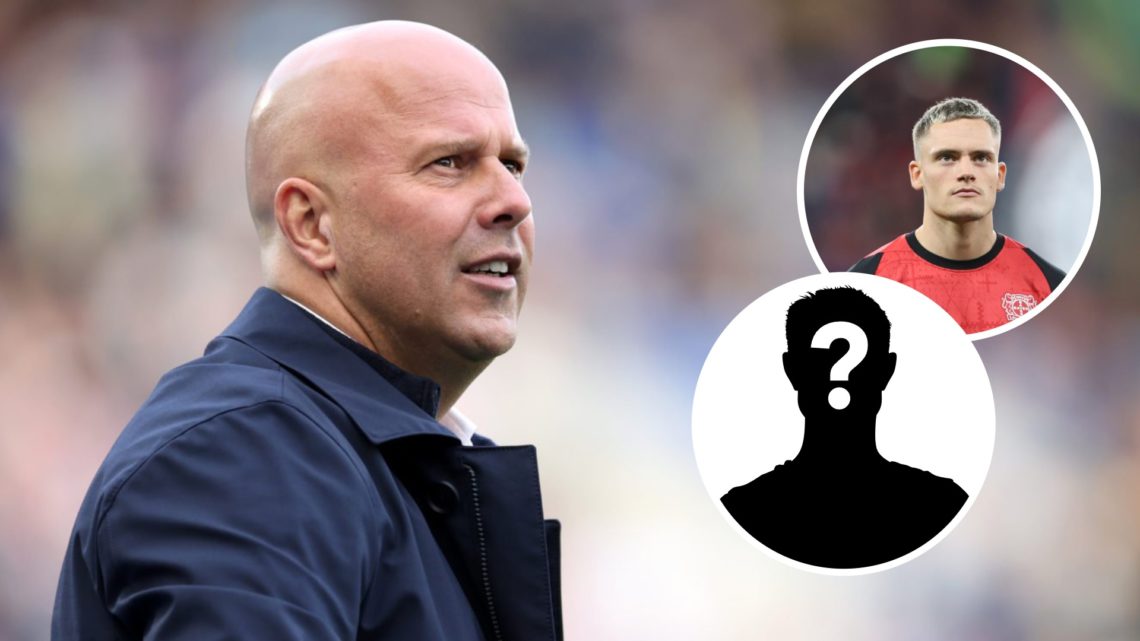 Image of Arne Slot looking on during a Liverpool game with insets of Florian Wirtz before a Bayer Leverkusen match and a mystery player
